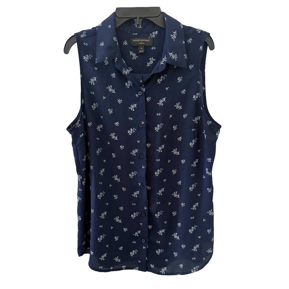 Banana Republic Navy Floral Sleeveless Button-Up Blouse